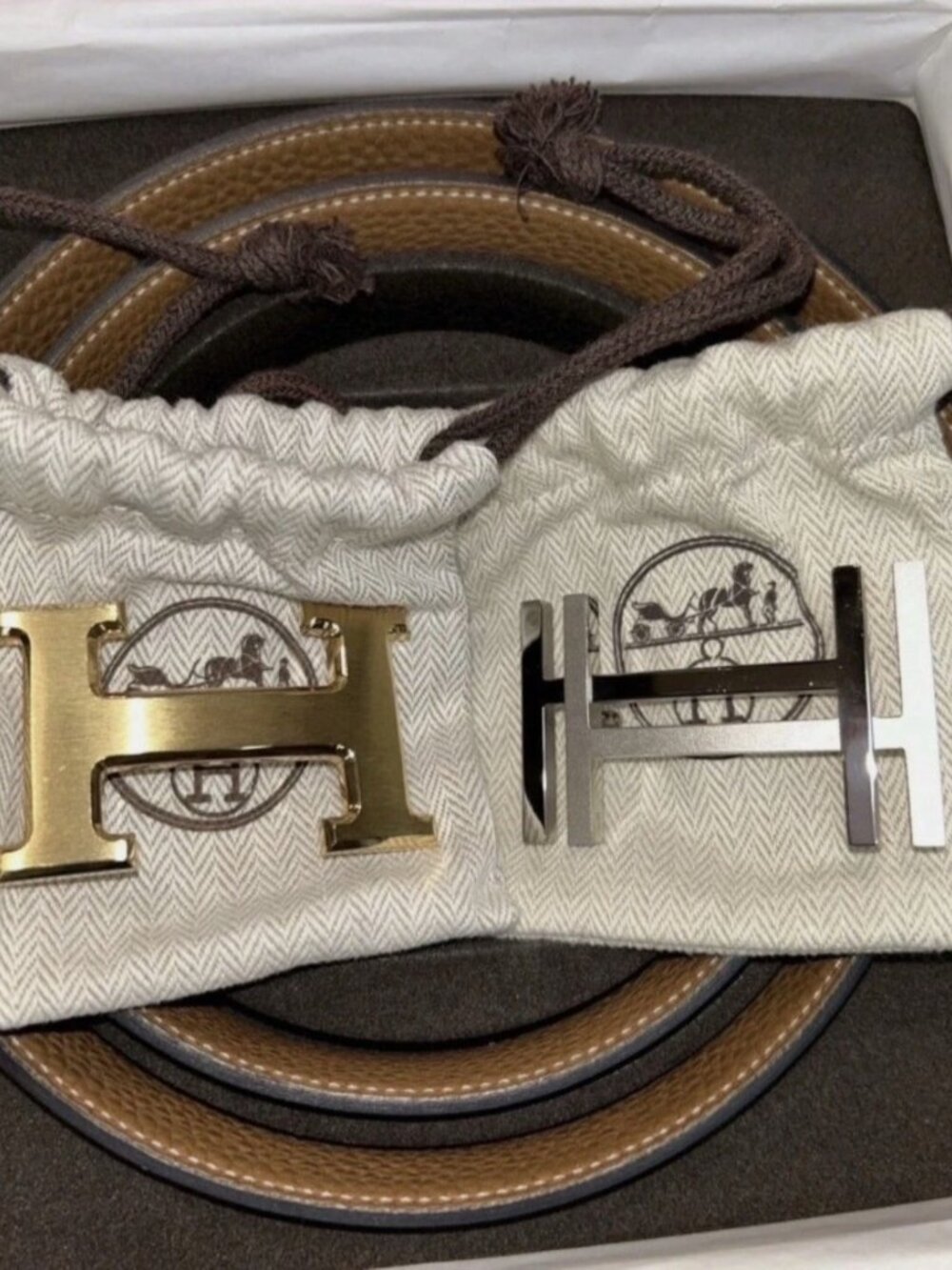 Auth HERMES Black Brown Reversible Leather Belt w/ Gold & Silver H Buckles 95 IT